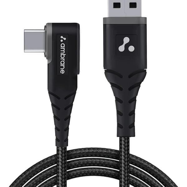 Ambrane 60W / 3A Type C Fast Charging Unbreakable 1.5m L Shaped Braided Cable, PD Technology, 480Mbps Data Transfer for Sm...