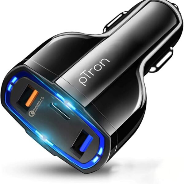pTron Bullet Pro 36W PD Quick Charger, 3 Port Fast Car Charger Adapter - Compatible with All Smartphones & Tablets (Black)