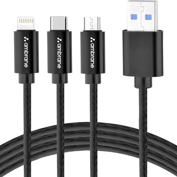 Ambrane Unbreakable 3 in 1 Fast Charging Braided Multipurpose Cable for Speaker with 2.1 A Speed - 1.25 meter, Black