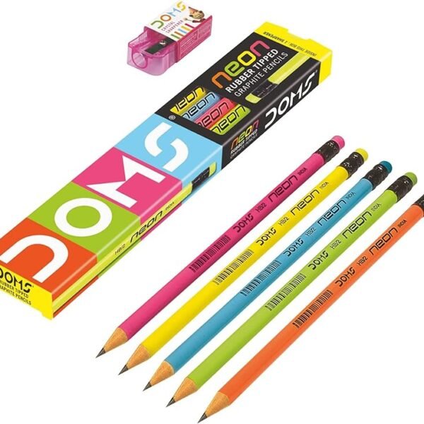 Doms Neon Rubber Tipped HB/2 Graphite Pencils Box Pack | Non-Toxic | Free Sharpner Inside The Box | Easy & Smooth Sharpeni...