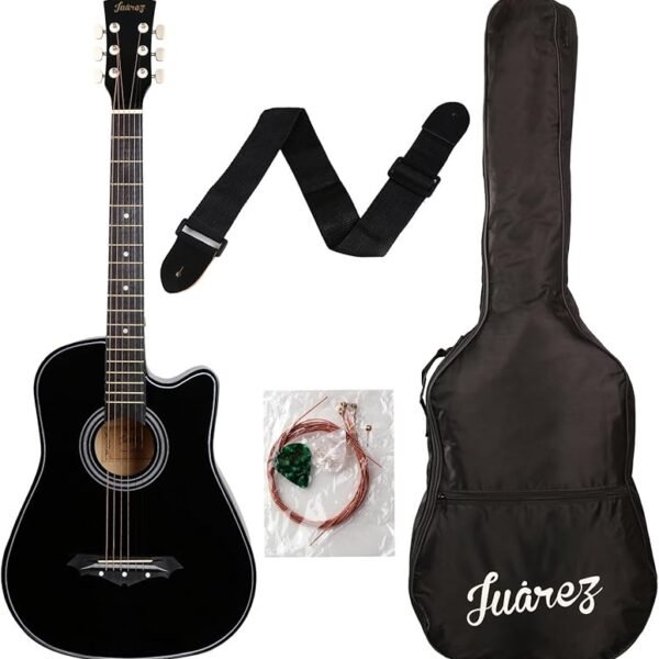 Juârez Acoustic Guitar, 38 Inch Cutaway, 038C with Bag, Strings, Pick and Strap, Black