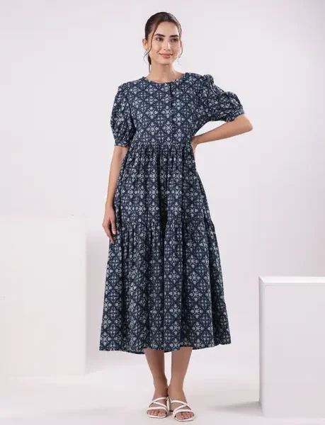 Stunning Women's Blue Dotted Dress - Elegant & Comfortable Summer Style