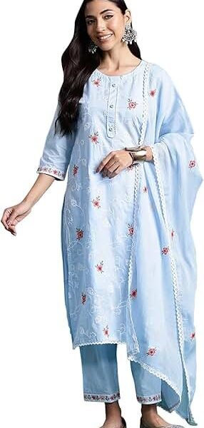 Stunning Blue Kurti with Delicate Red Floral Print - Elegant Ethnic Wear
