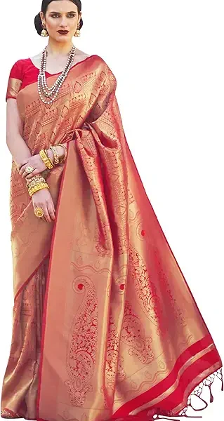 Red Golden Banarasi Silk Saree for Women: Luxurious Festive Wear