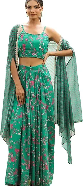 Janasya Women's Beige Cotton Crop Top, Dhoti & Dupatta Set - Elegant Ethnic Wear