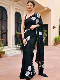 Elegant Black Saree with White Floral Embroidery - Stunning Indian Ethnic Wear