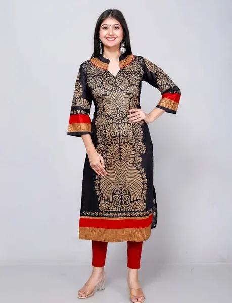 Red and Black Designer Kurti for Women: Golden Floral Embroidered Kurta